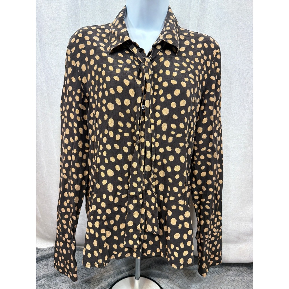 The Limited Silk Polka Dot Tie Neck Blouse Brown Tan Long Sleeve Top Large